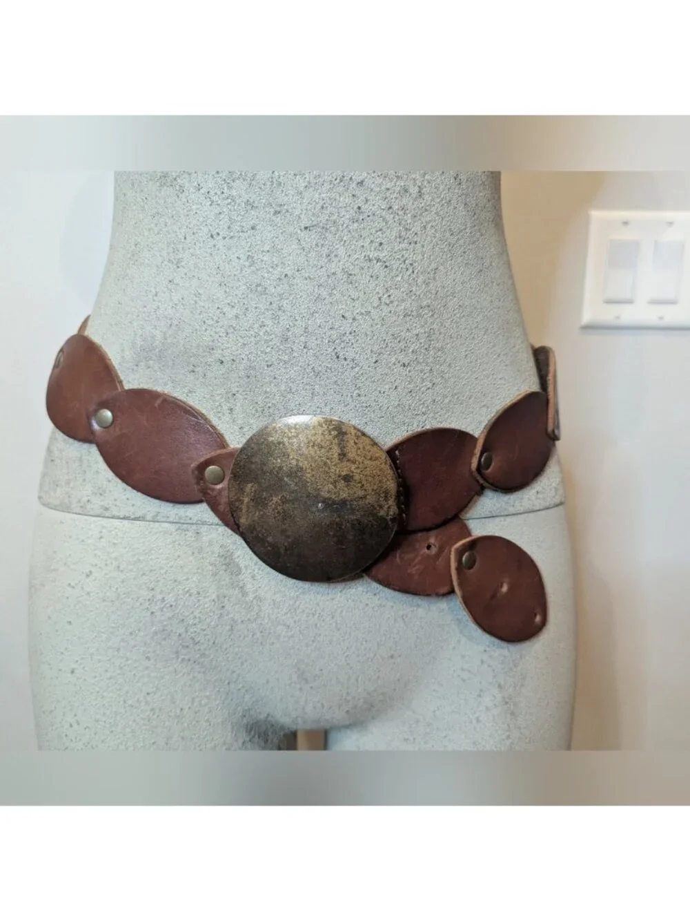Vintage Leather disk rivet belt with brass metal buckle boho western 39.5